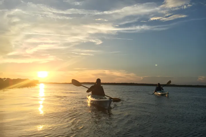 Kayakers in the water at sunset