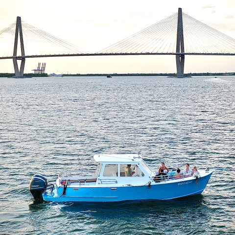 a blue and white boat floating on a body of water