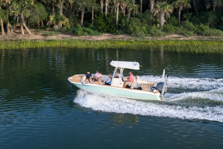 Small boat with people moving on a river near a forested shore.