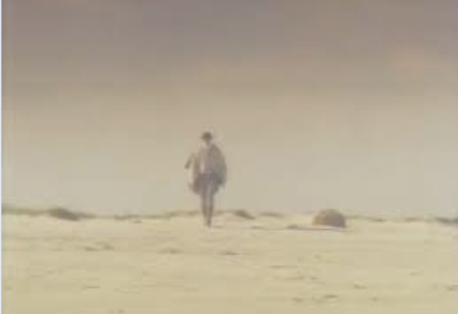 Person walking alone on a sandy landscape under a hazy sky.