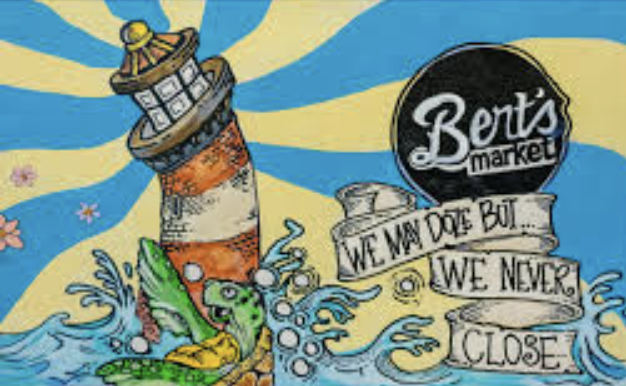 Colorful mural with lighthouse, turtle, and text: 'Bert's Market. We may doze but we never close.'